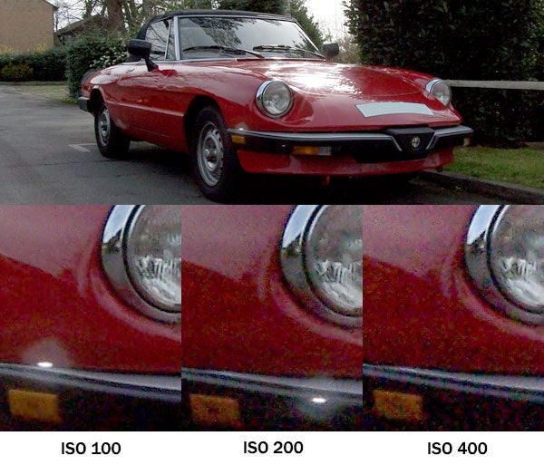 Comparison of photo quality taken with the Kodak EasyShare Z700 camera at different ISO settings featuring a red car; the top image shows the car at a distance, and the lower images provide close-up comparisons of image noise at ISO 100, ISO 200, and ISO 400.