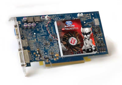 Product photo of Sapphire Radeon X800 PCI Express graphics card showing its blue circuit board, cooling fan, and distinctive branding.