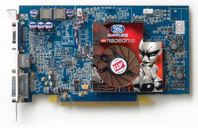 Sapphire Radeon X800 PCI Express graphics card displaying its blue circuit board, cooling fan, and graphic sticker.