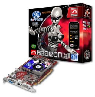 Product image featuring Sapphire Radeon X800 PCI Express graphics card in front of its packaging box with an illustration of an alien figure.