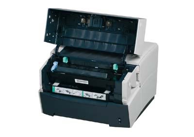 Kyocera FS-820 personal laser printer with open top cover displaying internal components and paper tray.