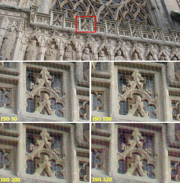 Composite image from a Konica Minolta DiMAGE Z20 camera review showing a cathedral's intricate facade at different ISO settings to compare image noise and detail clarity.