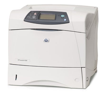 HP Laserjet 4350n Network Laser Printer on a white background, showcasing its front panel with the HP logo, control buttons, and display screen.