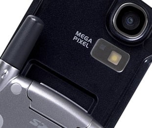 Close-up of the Sanyo S750 Orange 3G Handset camera lens and flash with a 
