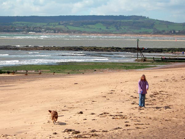A child and a dog on a sandy beach with waves in the background, captured with a Nikon Coolpix 7900 digital camera.