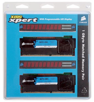 Corsair XMS Xpert CMXP512-3200XL memory modules with programmable LED display, presented in a transparent packaging.