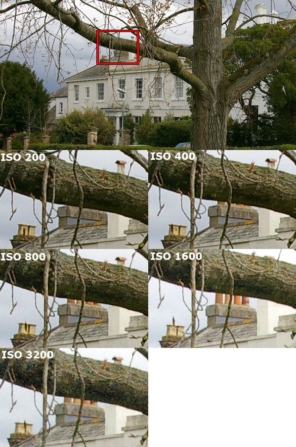 Series of image quality comparison shots from the Pentax *ist DS digital SLR showing the effects of increasing the ISO level from 200 to 3200 on noise and detail, with a focus on a section of a house framed by tree branches.