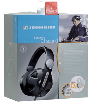 Product packaging for Sennheiser HD 215 headphones featuring an image of the headphones and a DJ wearing them on the side.