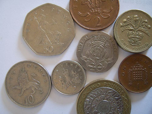 Close-up photo of coins demonstrating camera detail.British coins of various denominations on white background.