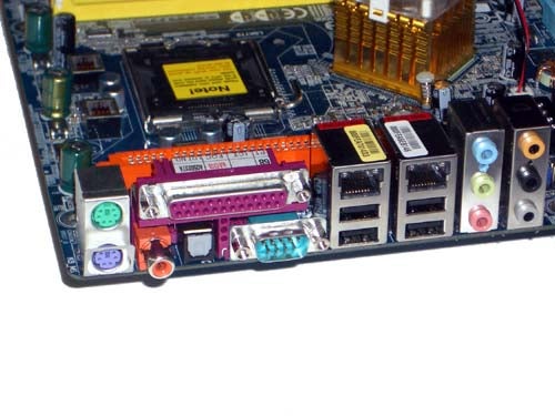Close-up of the Gigabyte GA-8N-SLi Royal Pentium 4 SLi Motherboard showcasing the rear I/O ports and connections.
