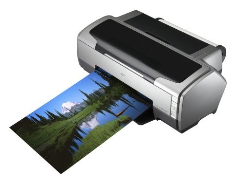 Epson Stylus Photo R1800 printer with a high-quality, color landscape photo printout showcasing its printing capabilities.