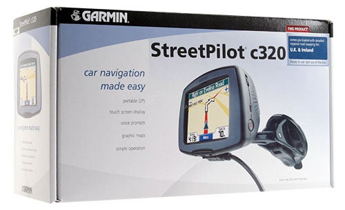 Product packaging of Garmin StreetPilot c320 GPS Navigation System displaying the device and its features.