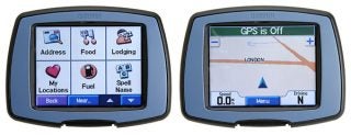 Side-by-side views of the Garmin StreetPilot c320 GPS Navigation System, with the left screen displaying the main menu including options like Address, Food, Lodging, and the right screen showing the map view with a notice 
