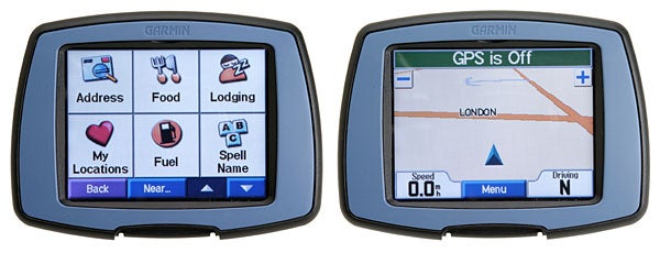 Side-by-side views of the Garmin StreetPilot c320 GPS Navigation System, with the left screen displaying the main menu including options like Address, Food, Lodging, and the right screen showing the map view with a notice "GPS is Off" and a street map of London.