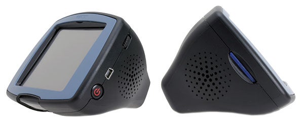 Two views of the Garmin StreetPilot c320 GPS Navigation System showing its display and control button on the front from one angle and its mounting interface from another angle.