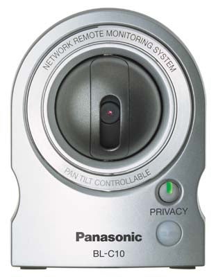 Panasonic BL-C10 Network Camera, showcasing its front view with lens, privacy button, and pan/tilt control features.