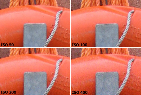 A comparison of four photos showing the impact of different ISO settings on image quality when taken with the Canon PowerShot A510 Digital Camera, with ISO levels of 50, 100, 200, and 400 labeled respectively.