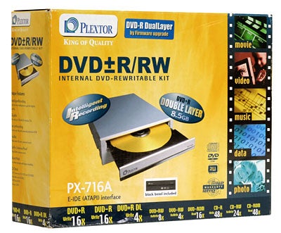 Product packaging for the Plextor PX-716A Internal DVD-Rewritable Kit, highlighting features like 16x DVD±R writing, double layer 8.5 GB capability, and Intelligent Recording technology.