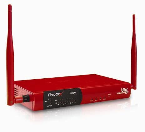 Product photo of the Watchguard Firebox X15w firewall device featuring two antennas, a red casing, and multiple front-panel indicators.
