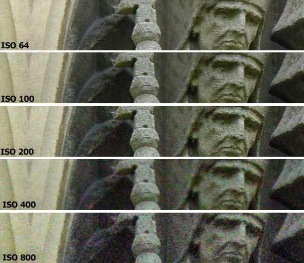 Comparison of image quality at varying ISO levels from the Ricoh Caplio R1V Digital Camera, showing a stone sculpture at ISO 64, 100, 200, 400, and 800 with increasing noise and graininess at higher ISO values.