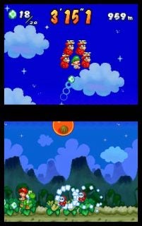 Screenshot of gameplay from the Yoshi Touch & Go video game showing the score and distance indicators on the top and a scene with Yoshi and baby Mario on a nighttime level at the bottom.