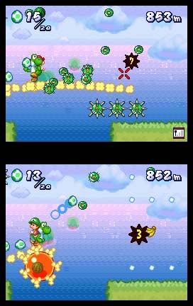 Screenshot of the video game Yoshi Touch & Go showing gameplay with Yoshi and baby Mario on the top screen and a countdown on the lower screen indicating distance covered.