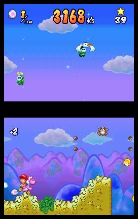 Screenshot from the video game Yoshi Touch & Go showing gameplay with characters on a colorful background, including Yoshi and Baby Mario, with a distance indicator displaying 3168 yards.