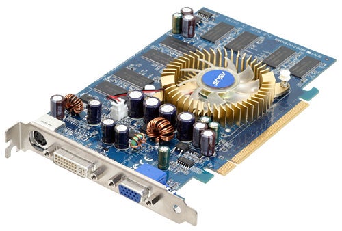 Asus Extreme N6600 graphics card with blue PCB, large gold heatsink, multiple capacitors, VGA, DVI, and S-Video outputs, part of the K8N4-E Deluxe/Extreme N6600 Motherboard & Graphics Card Bundle.