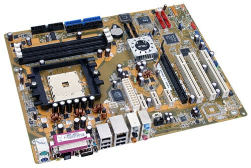 Overhead view of an Asus K8N4-E Deluxe motherboard, featuring various slots, ports, and a CPU socket without a processor installed.