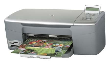 HP PSC 1610 Multi-Function Device showing a colorful printout emerging from the printer.