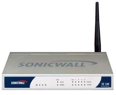 Product image of SonicWALL TZ 150 Wireless, a security appliance with an antenna on the right side, displaying front panel with LED indicators and branding.