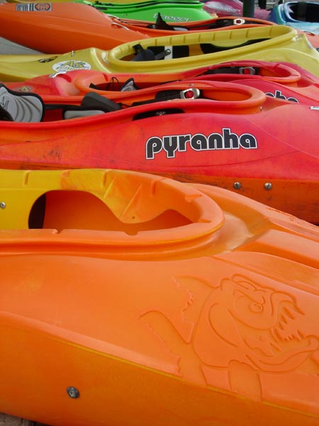 Close-up of colorful kayaks in a row showcasing intricate design details, captured with the Pentax Optio S5n camera to demonstrate its color reproduction and detail resolution capabilities.