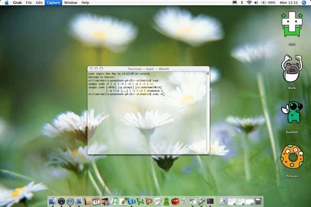 Screenshot of the Apple Mac OS X v10.4 Tiger desktop showing a floral wallpaper, open terminal window, and the dock with various application icons.
