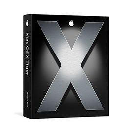 Product packaging for Apple Mac OS X v10.4 Tiger with a prominent 'X' symbol on the front.