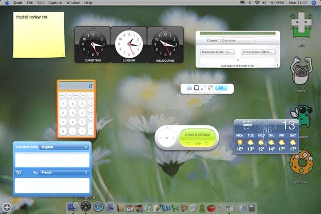 Screenshot of Apple Mac OS X v10.4 Tiger desktop showing various widgets like clocks for different time zones, a calculator, currency converter, and weather forecast, demonstrating the Dashboard feature.