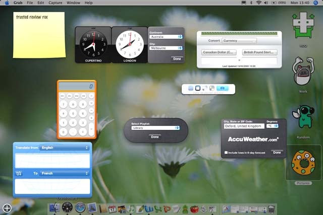 Screenshot of Apple Mac OS X v10.4 Tiger showing the desktop with various widgets from the Dashboard feature including a clock, calculator, weather widget, and a translation tool.