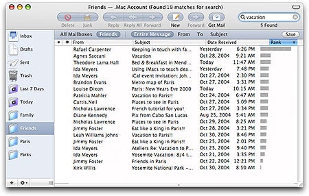 Screenshot of the Apple Mac OS X v10.4 Tiger email interface showing the Mail application with a list of emails in the inbox.