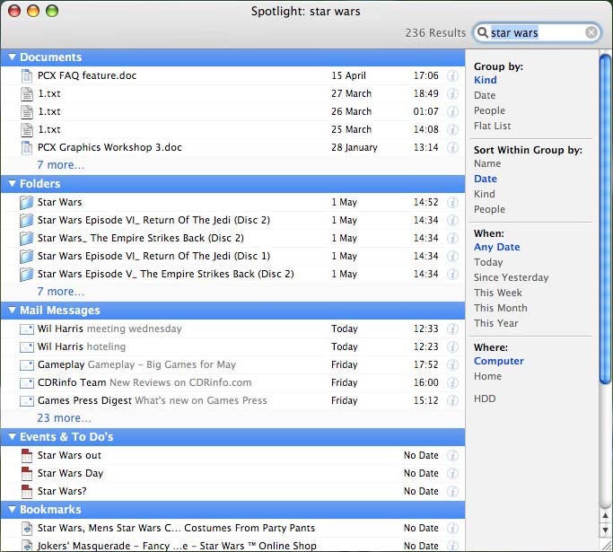 Screenshot of Apple Mac OS X v10.4 - Tiger's desktop interface showcasing the Spotlight search feature with 'star wars' as the query term, displaying various search results including documents, folders, mail messages, events, and bookmarks related to Star Wars.