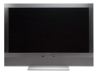 Front view of the Elonex Lumina 40-inch Media Center PC with a large screen and silver frame, displaying a blank screen.