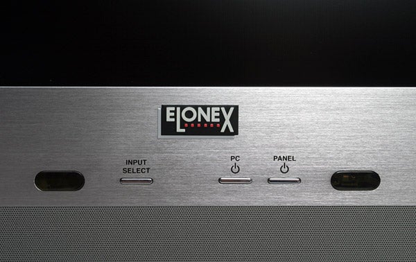 Close-up view of the Elonex Lumina 40-inch Media Center PC front panel with buttons for input select, PC, and panel, and the company logo displayed.