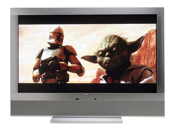 Elonex Lumina 40inch Media Center PC displaying a scene with animated characters, one resembling a clone trooper and the other resembling Yoda from a well-known science fiction franchise.