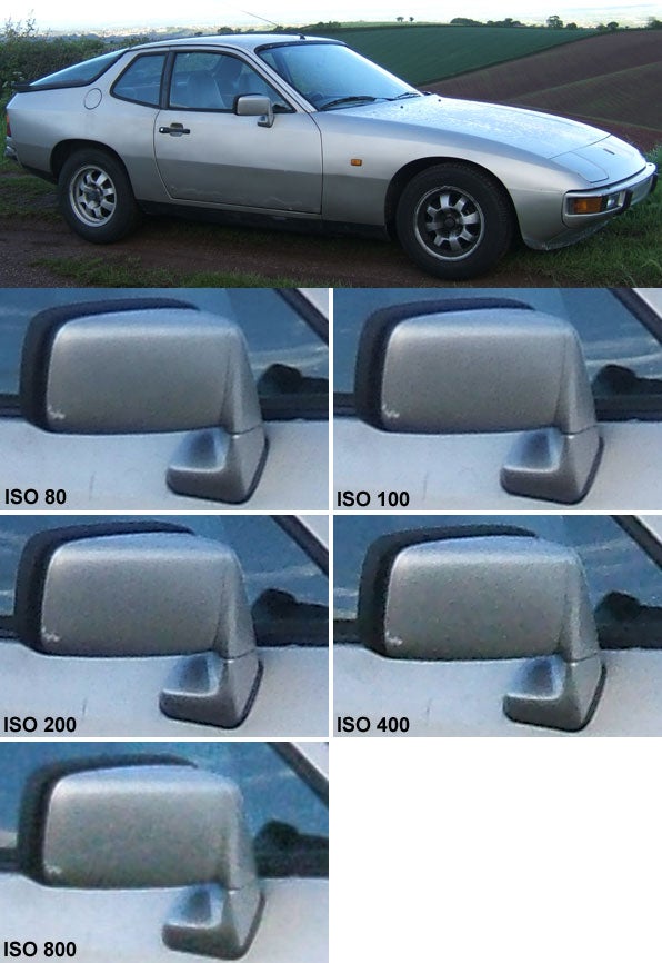 Product review image showing a car photographed with the Fujifilm FinePix F810 Zoom at different ISO settings, displaying a full scene at the top followed by close-up crops at ISO 80, ISO 100, ISO 200, ISO 400, and ISO 800 to compare image quality and noise levels.