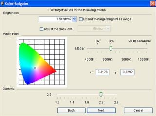 A screenshot of the Eizo ColorNavigator calibration software showing settings for brightness, white point, and gamma with adjustable sliders and a color spectrum diagram indicating white balance customization options.