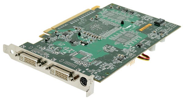 Product photo of Matrox Parhelia APVe graphics card showing its circuitry and multiple video output ports.