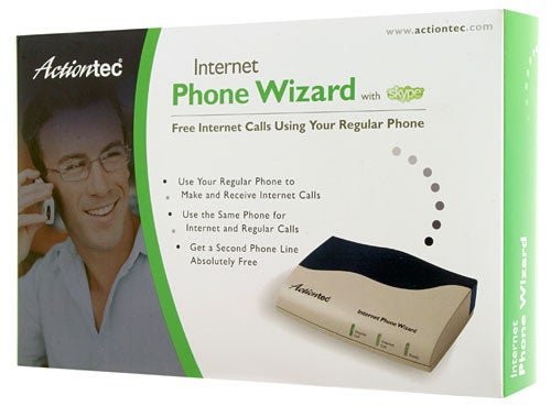 Product packaging for Actiontec Internet Phone Wizard with bullet points detailing features such as free internet calls using a regular phone, dual phone line usage, and a second phone line for free, along with an image of the device and Actiontec's logo.