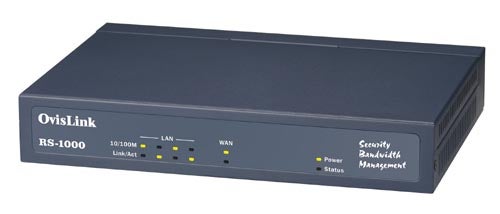 Product image of the OvisLink RS-1000 Security Gateway, showcasing its front panel with indicator lights for power, status, and network connectivity.