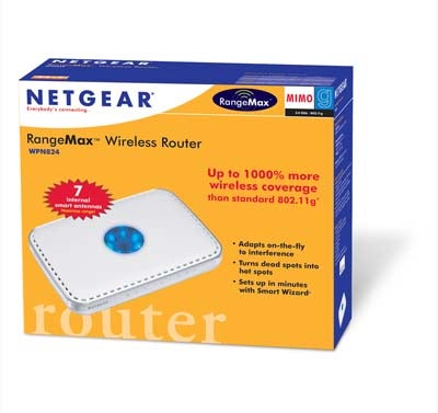 Product packaging of the NetGear RangeMax Smart MIMO WPN824 Wireless Router featuring key benefits and 7 internal antennas highlighted.