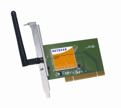 Product image of a NetGear RangeMax Smart MIMO WPN824 Wireless Router's wireless PCI adapter card with antenna.