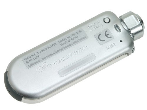 Sony NW-E507 MP3 player with a sleek silver design, prominently displaying the Walkman logo and product information.