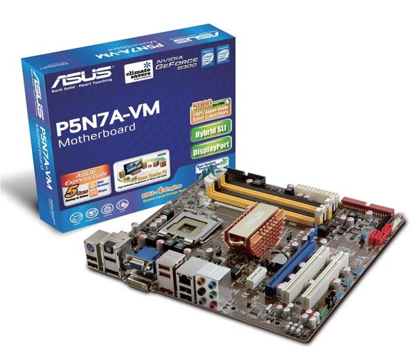 ASUS P5N7A-VM Motherboard with original packaging, highlighting the board's hybrid SLI and DisplayPort capabilities.
